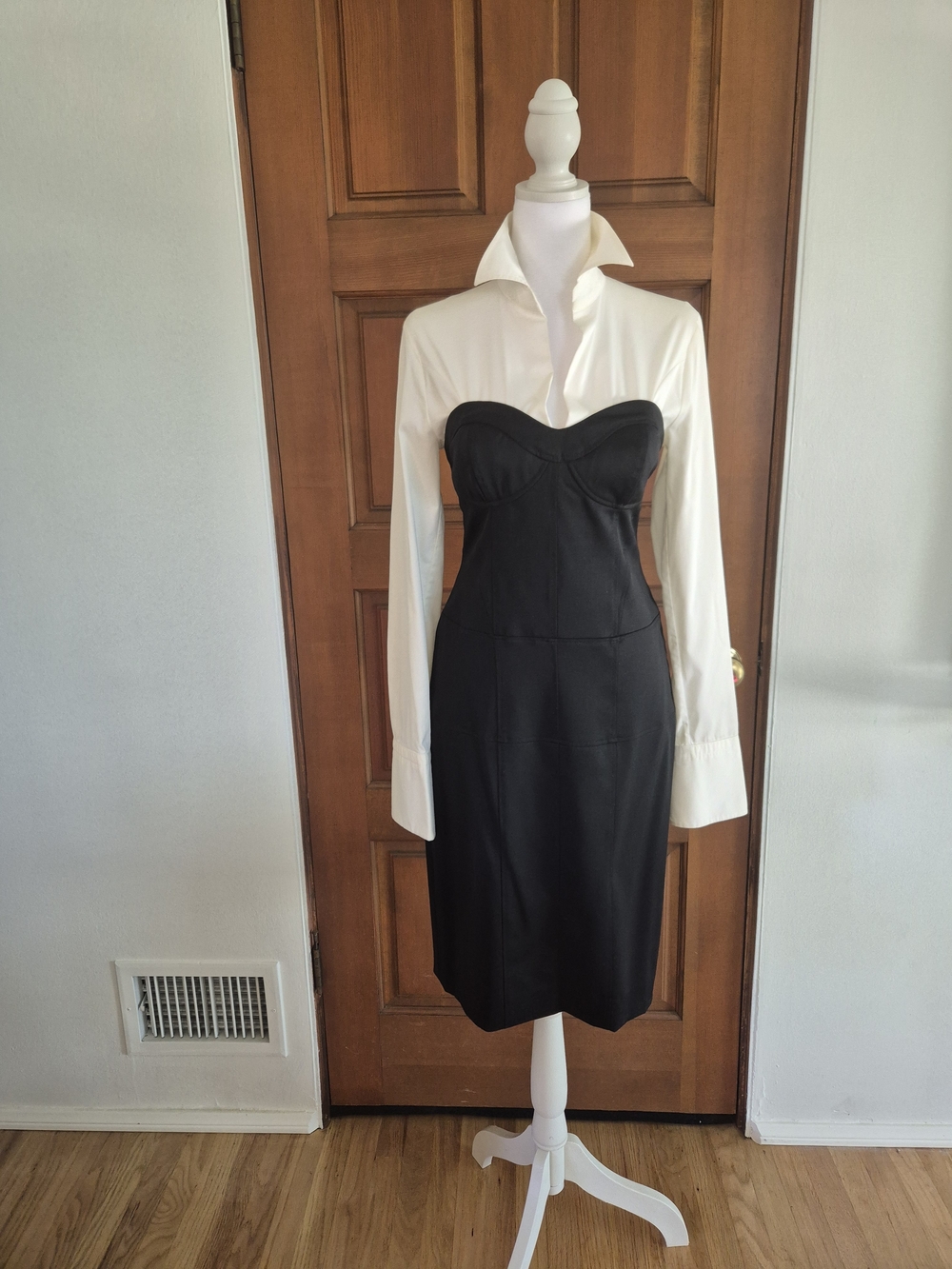 Rene Lezard Black Shirt Dress Strapless Dress with Detatchable White Shirt.